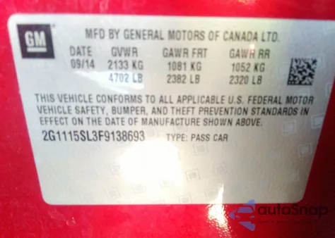 2015 Chevrolet Impala 1Lt from USA, damaged, VIN 2G1115SL3F9138693